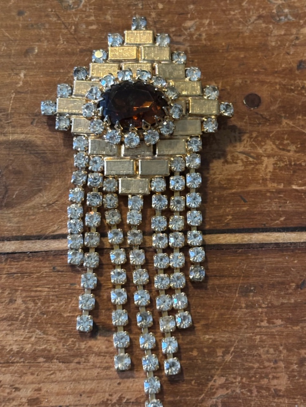 Gold-Tone Amber and Clear Rhinestone Fringe Brooch
